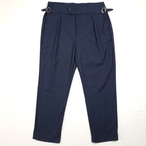 RAITH Pleated Trousers Mens Large Navy Blue Side Buckle Adjuster Pants Cropped